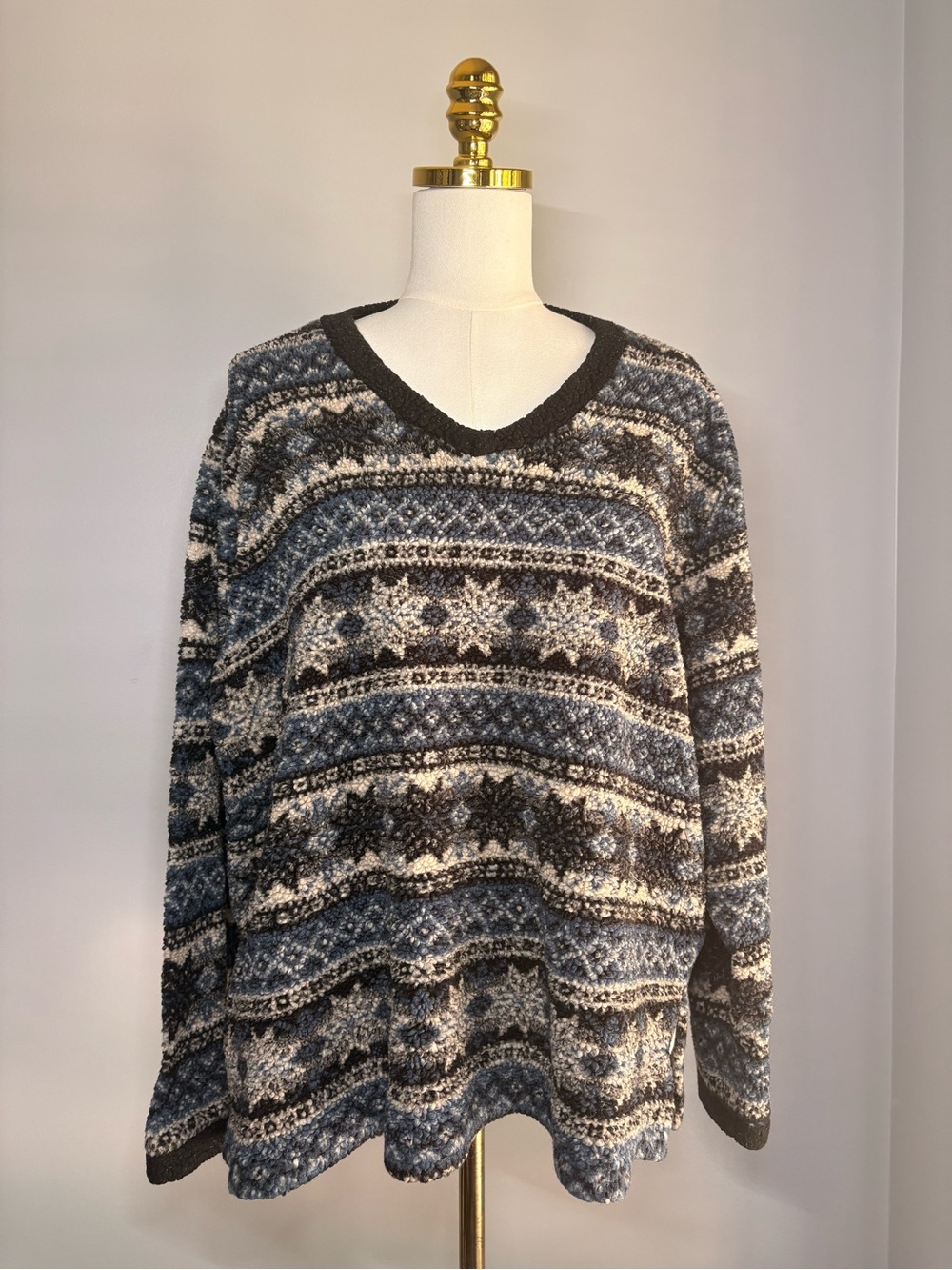 Vintage Venezia Jeans V-Neck Fair Isle Sweater - Blue & Gray